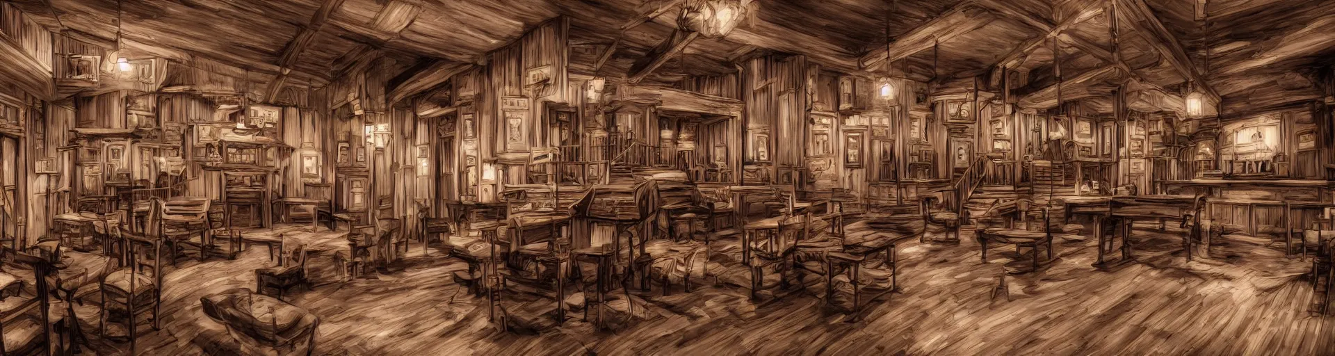Image similar to Empty Old West Saloon at the break of day with a Grand Piano and Staircase, in the style of Studio Ghibli
