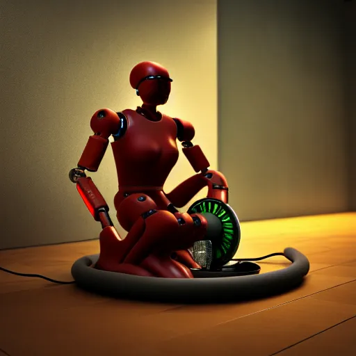 Image similar to cyborg sitting Infront of snake who's getting into gramophone, high quality image, 3Drender, long shot denoise