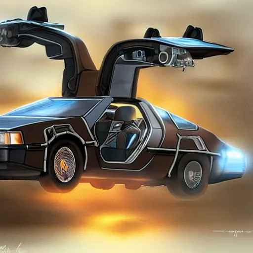 Image similar to robotic back to the future DeLorean with little robots attached to it flying around it big wheels matte painting artgerm