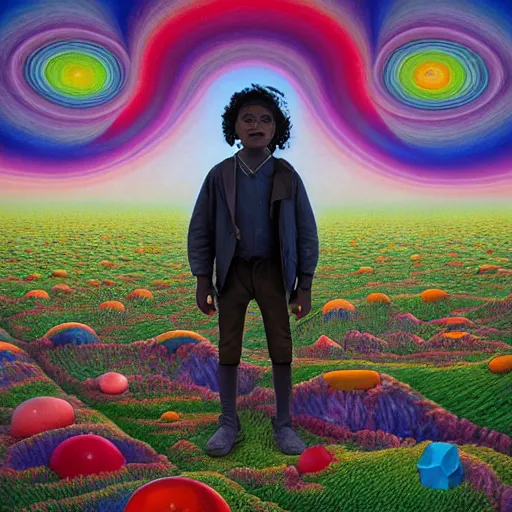 Image similar to a black boy dressed like an explorer in a field of candy, by Adi granov and afarin sajedi and amanda sage and evgeni gordiets and Agostino Arrivabene and adonna khare in a psychedelic portrait style, ultrarealistic matte painting, volumetric lighting, fractal, extremely symmetrical, highly detailed face, orisha, 8k, hd