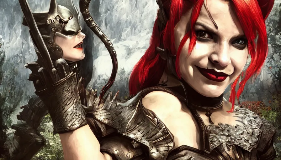 Image similar to skyrim character screenshot portrait of harley quinn as a delicate fragile celestial queen, batman, forest, enb, bokeh, 4 k, godlike, upper body, fantasy, intricate, elegant, highly detailed, digital painting, artstation, concept art, sharp focus, illustration, art by artgerm and greg rutkowski and alphonse mucha