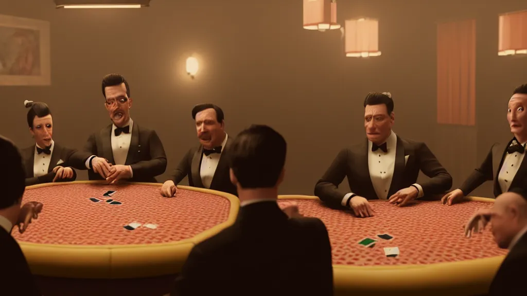 Prompt: hyperrealism simulation highly detailed human turtles'wearing detailed tuxedos and smoking, playing poker in sitcom scene from cyberpunk movie from future by wes anderson and denis villeneuve and mike winkelmann rendered in blender and octane render