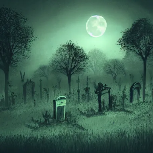 Image similar to an overgrown decrepit cemetery in the dark of night, moonlit, creepy, scary, ambient lighting, concept art