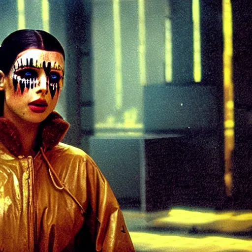 Image similar to cinematic portrait of a runaway replicant with tribal facepaint and a plastic raincoat in an empty room, still from the movie bladerunner