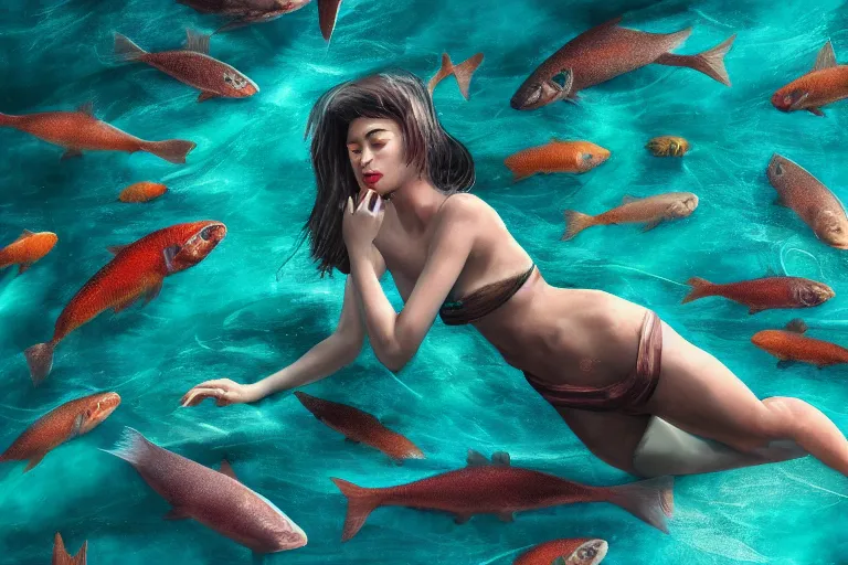 Image similar to long shot photo of fishes swimming around woman, highly detailed, photorealistic, reflections, smooth, sharp focus, concept art, illustration, beautiful, geometric, trending on artstation, cinematic, featured on behance , artwork by WLOP and Tran, Ross