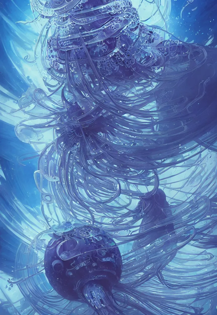 Image similar to Panorama hyper detailed painting of a cyberpunk jellyfish, blue tones, underwater, 8 mm, highly detailed, digital painting, artstation, concept art, smooth, sharp focus, illustration, art by artgerm and greg rutkowski and alphonse mucha