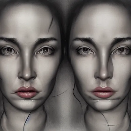 Image similar to a two people's face fusing together!!!!!!, photorealistic art style, charcoal drawing by richard mortensen, matte drawing, hyper realism, zbrush, mannerism