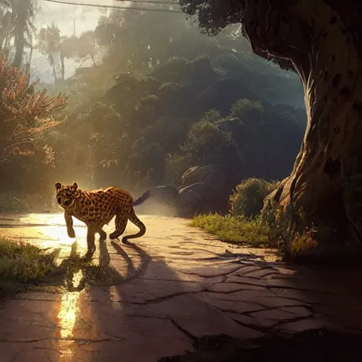 Image similar to highly detailed 🐆, in gta v, stephen bliss, unreal engine, fantasy art by greg rutkowski, loish, rhads, ferdinand knab, makoto shinkai and lois van baarle, ilya kuvshinov, rossdraws, tom bagshaw, global illumination, radiant light, detailed and intricate environment