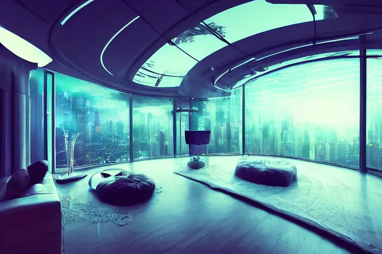 Image similar to a futuristic bedroom with large curved ceiling high windows looking out to a far future cyberpunk cityscape, cyberpunk neon lights, raining, scifi