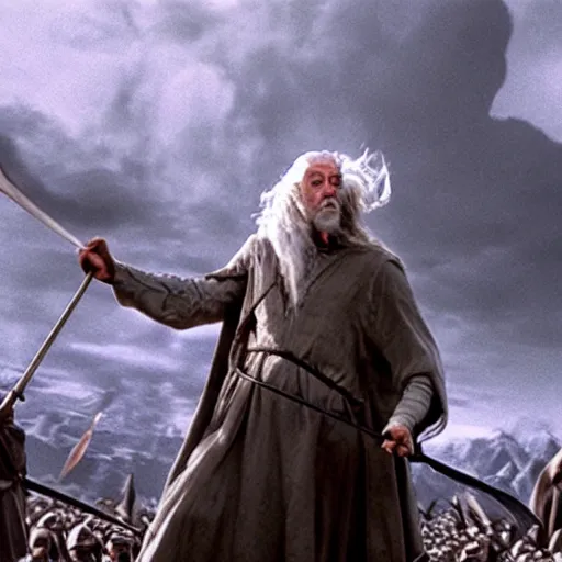 Prompt: jerry seinfeld as gandalf, cinematic, depth of field, helms deep battle