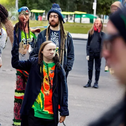 Image similar to Greta Thunberg smoking weed in rasta clothing