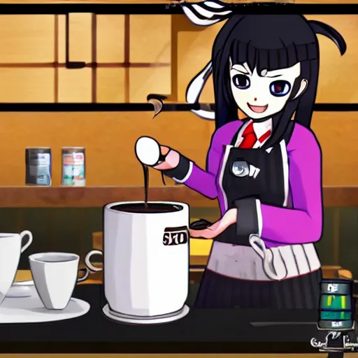 Image similar to danganronpa original character, the ultimate barista, making a latte, low lit coffee shop