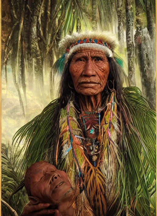 Image similar to a beautiful painting portrait of a very old indigenous grand-father in the amazon jungle, matte painting, fantasy art, ayahuasca, highly detailed