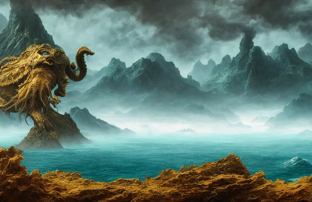Image similar to huge gigantic cthulhu over a dark blue turquoise ocean, ultrawide shot, hyperreal phantastic misty landscape, in the style of dylan cole, mountains in background, intricate details in environment, luminance, golden ratio, high aestehtic, cinematic light, godrays, distance, clear atmosphere, photobash, wideangle, albert bierstadt, hyperreal 4 k