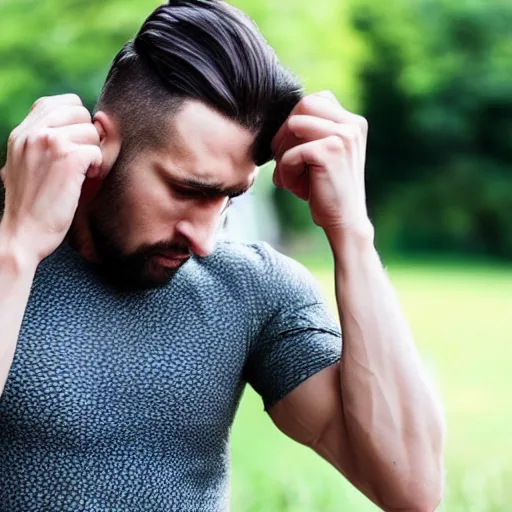 Prompt: sad and tearful and crying professional millennial muscular man with feminine beehive hairstyle