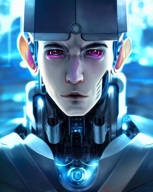 Image similar to portrait of a male friendly and peacful transhuman in anime and cyberpunk style, robotic face, warhammer 4 0 0 0 0, realistic shaded lighting, magali villeneuve, artgerm, rutkowski, wlop jeremy lipkin