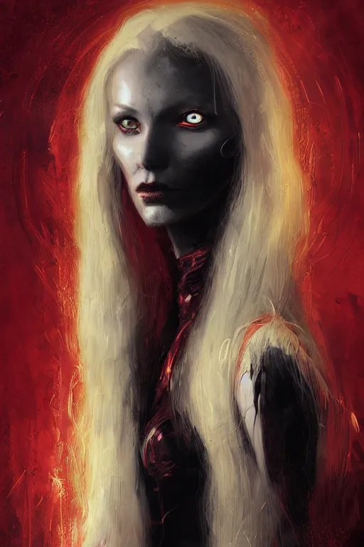 Image similar to female occultist, sweeping wild blonde hair, red eyes, portrait, high cheekbones, smug, evil, victorian, black velvet dress, dark colors, ruby jewelry, moody, nefarious, villain, crimson halo, fantasy painting by Craig Mullins and Charlie Bowater