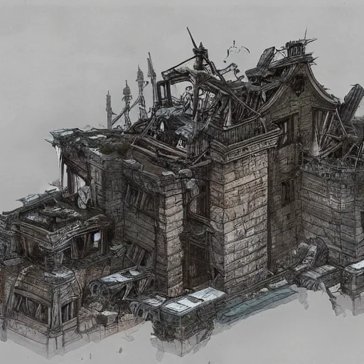 Prompt: collapsed mansion from explosion killing 4 0 men women and children, dungeons and dragons, concept art, highly detailed art