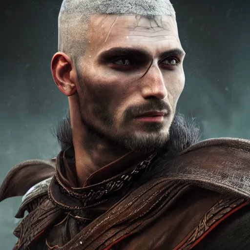 Prompt: an oil art close up portrait of young handsome pale roma, dark assassin from witcher, gipsy blood mage character design from inquisition, 4 k, ultra detail, volumetric lighting, unreal engine, octane render