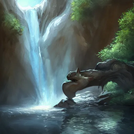 Prompt: beautiful portrait commission of a slender dragon relaxing by a waterfall, digital painting, artstation, art by Jaime Jones