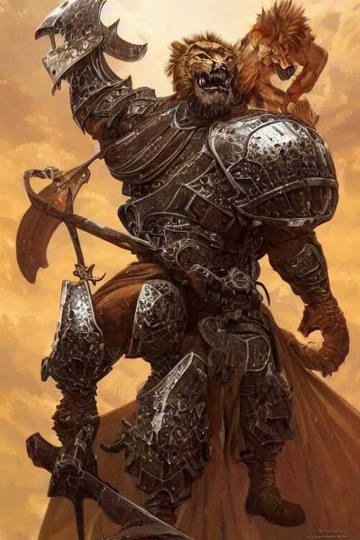 Image similar to ultra realistic illustration,, a hulking knight with a lion cowl, bristling with weapons from doom and warhammer, intricate, elegant, highly detailed, digital painting, artstation, concept art, smooth, sharp focus, illustration, art by artgerm and greg rutkowski and alphonse mucha