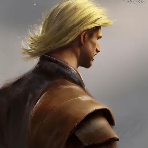 Prompt: rear side portrait of a muscular, ponytail haired blonde man with a steel left arm, wearing a brown leather coat, scar on the left side of the face, DnD, fantasy, digital art by Ruan Jia