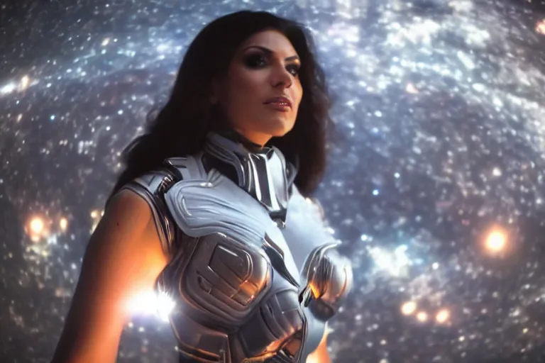 Image similar to VFX movie closeup of a gorgeous futuristic Denise Milani in space armor in future city, hero pose, beautiful skin, natural city night lighting by Emmanuel Lubezki