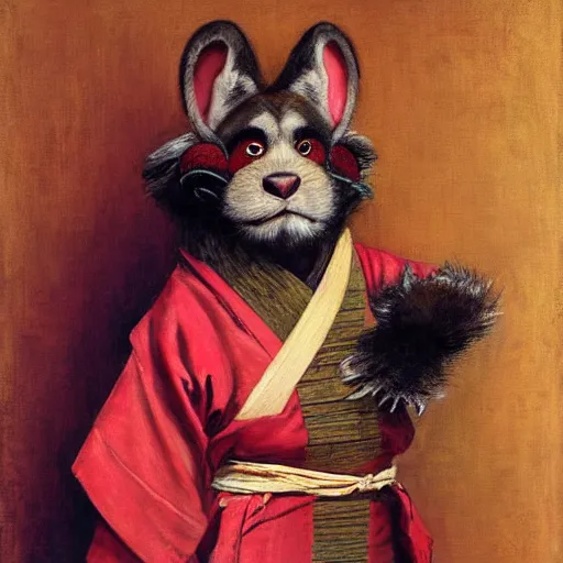 Image similar to a portrait of a hamato yoshi wearing a red kimono, hairy, feet, tail. highly detailed painting by gaston bussiere, craig mullins, j. c. leyendecker, furry