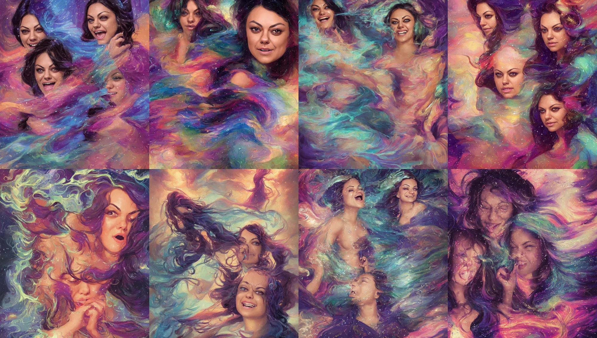 Prompt: portrait mila kunis laughing, rainy storm, intricate robes, gloomhaven, luminescent, colorful swirly magic ripples, pastel colors, by greg manchess, huang guangjian, gil elvgren, sachin teng, greg rutkowski, jesper ejsing, ilya kuvshinov, focal length : 2 0 0. 0 mm