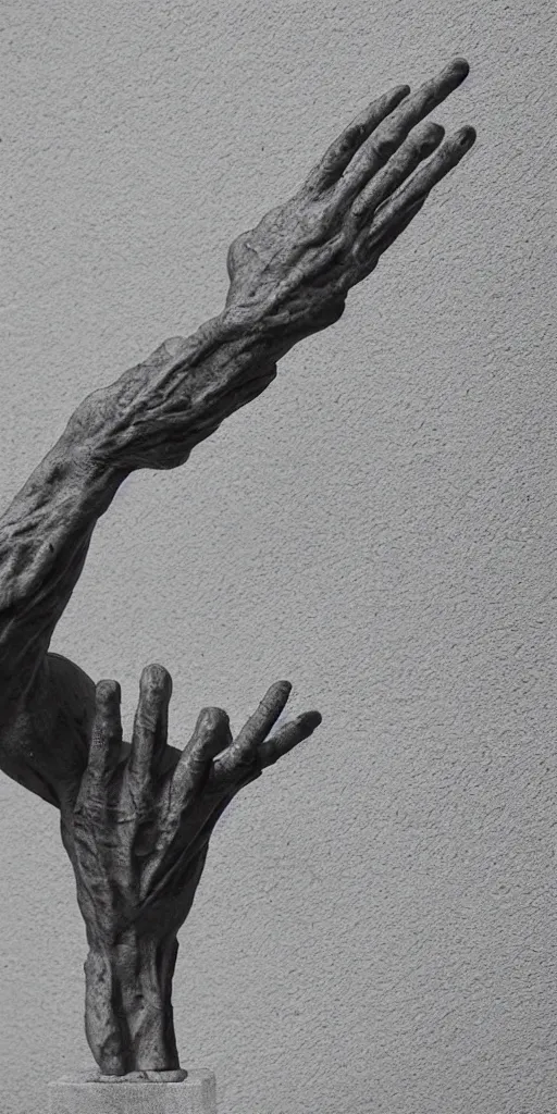 Prompt: a highly detailed brutalist angular sculpture of a human hand reaching out for help, aggressive, angles, sharp lines, faceted