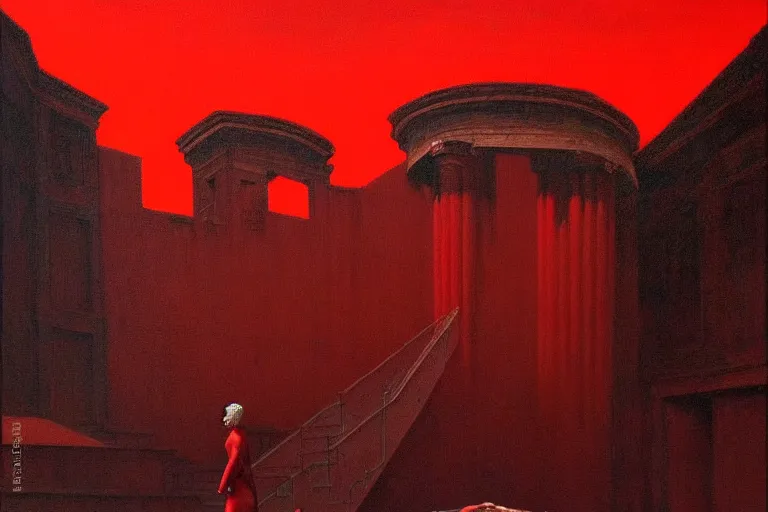 Image similar to only with red, a red melted emperor, taormina amphitheatre, crowd hails him, in the style of beksinski, parts by edward hopper, parts by rodcenko, parts by yue minjun, intricate and epic composition, red by caravaggio, insanely quality, highly detailed, masterpiece, red light, artstation, 4 k