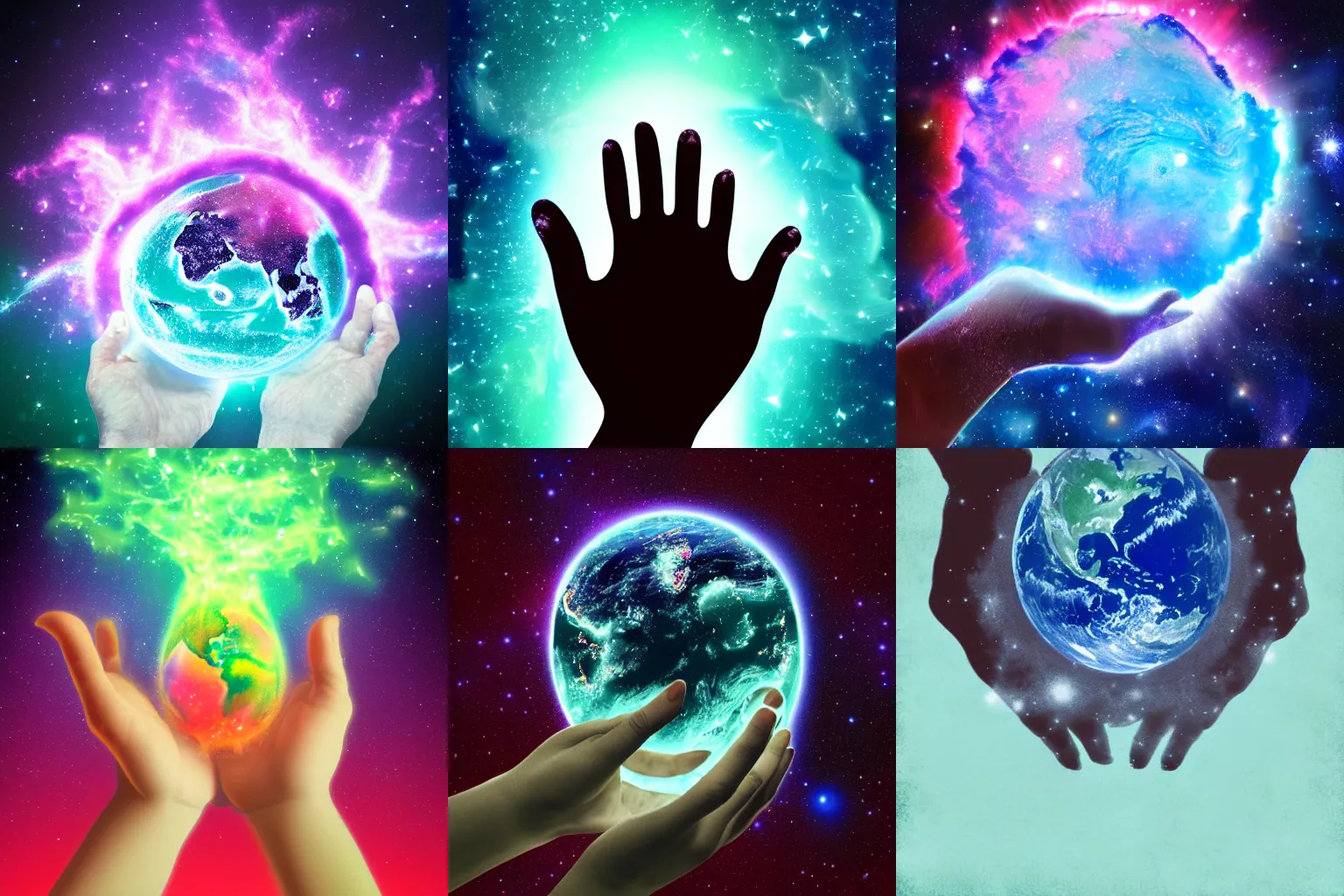 Prompt: Two ghostly hands, appearing like a galactic nebula, holding the planet earth. Digital art.