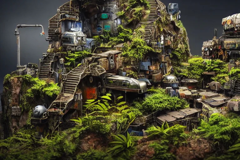 Image similar to sci - fi favela sculpture, wartime jungle environment, industrial factory, cliffs, sunny, milky way, award winning art, epic dreamlike fantasy landscape, ultra realistic,