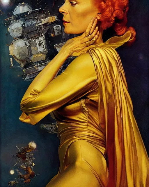 Image similar to head portrait of striking mature space woman, empress in golden robes, by norman rockwell, roberto ferri, daniel gerhartz, edd cartier, jack kirby, howard v brown, ruan jia, tom lovell, frank r paul, dean cornwell, astounding stories, amazing, fantasy, other worlds