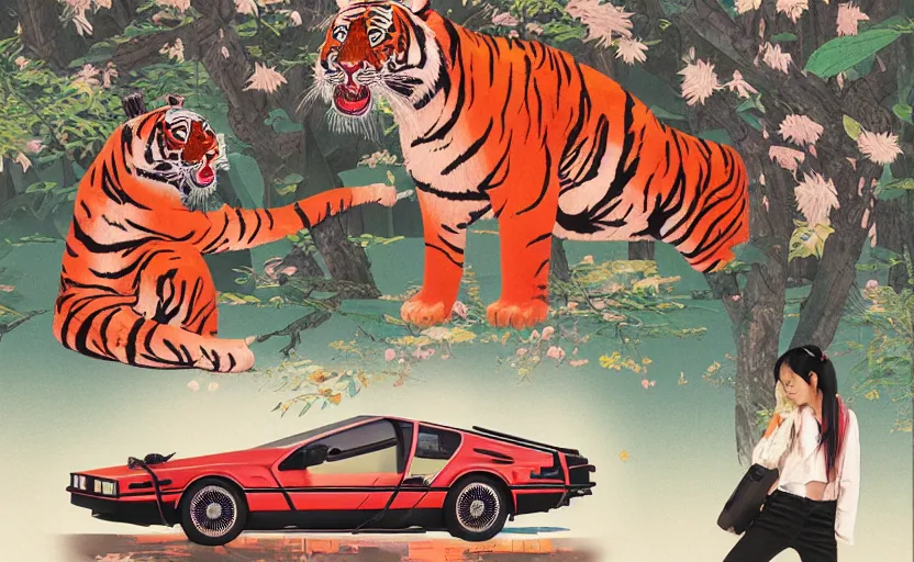 Image similar to a red delorean with a yellow tiger, art by hsiao - ron cheng and utagawa kunisada in a magazine collage, # de 9 5 f 0