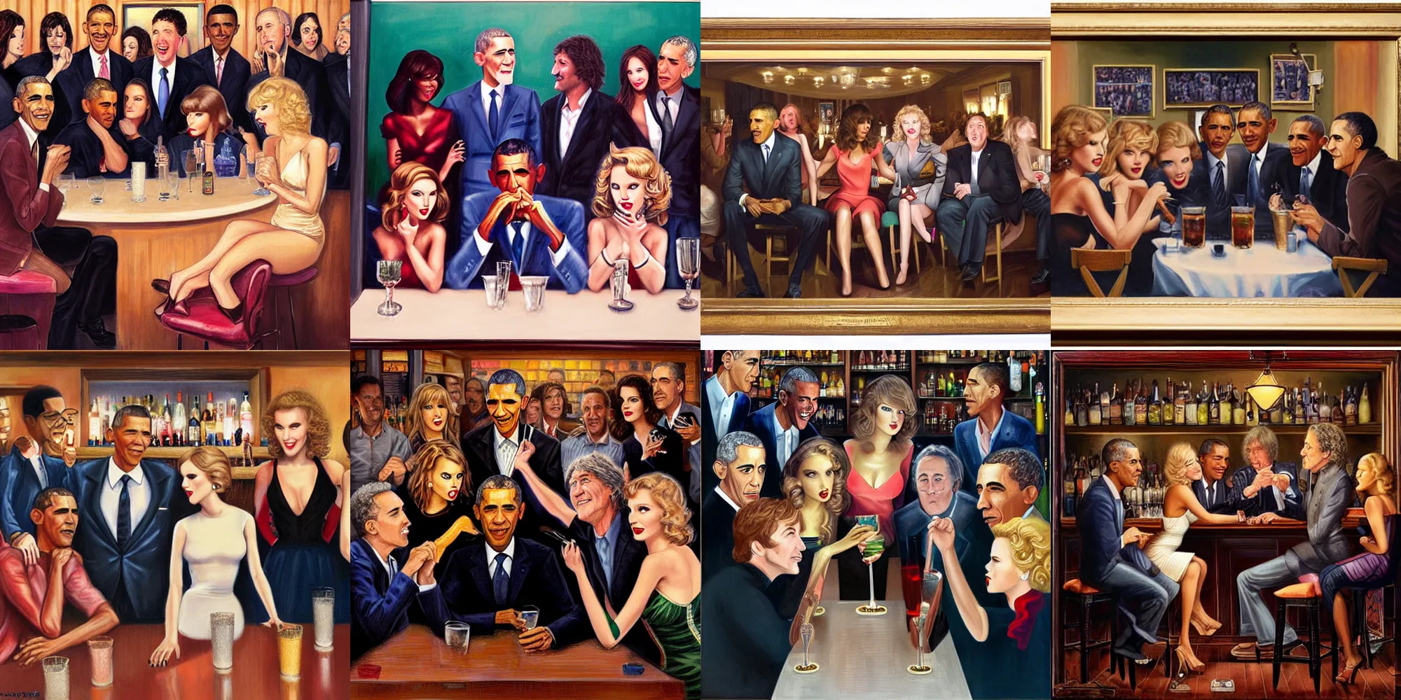 Prompt: a group portrait of taylor swift, barack obama, maryln monroe, john lennon, jon stewart, natalie portman, Emma Watson in a bar by dan witz and Jon McNaughton