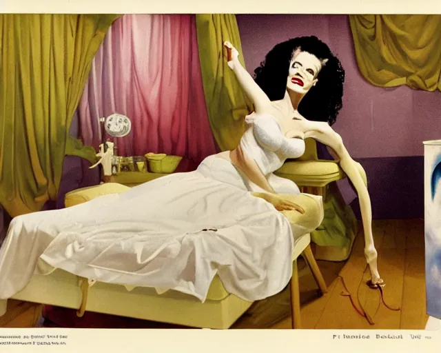 Image similar to phtorealistic modern pin up of the bride of frankenstein posing in a bed in the room of a sanatarium, full body, campy color scheme, realistic, center, smooth, golden ratio, detailed, gil elvgren, earl moran, joyce ballantyne