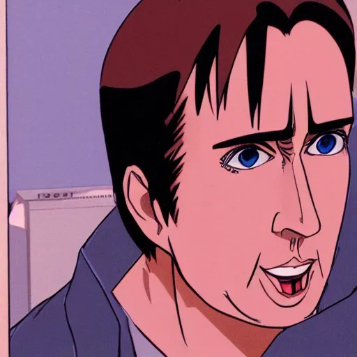 Image similar to nic cage as an anime protagonist, illustration from an animation cell