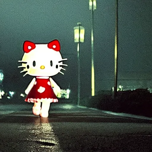 Image similar to film still of a human sized hello kitty with a knife standing on an empty street beneath a lamp, grainy, horror movie, creepy, eerie, dark, great cinematography, amazing lighting, directed by scott derrickson and sam raimi and fede alvarez