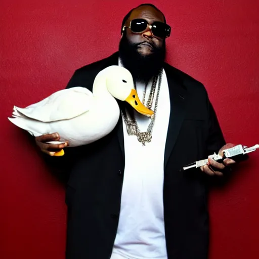 Image similar to rick ross, holding a white duck