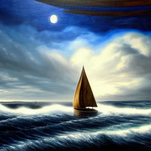 Prompt: a real photographic landscape painting with incomparable reality, super wide, ominous sky, sailing boat, wooden boat, lotus, huge waves, starry night, harry potter, volumetric lighting, clearing, realistic, james gurney, artstation - h 1 0 2 4