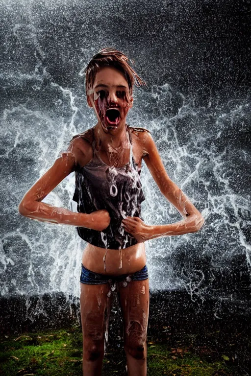 Prompt: apocalyptic photograph of a teenage girl screaming face toward the camera wearing wet!! and ripped!!! shirt and shorts, fearful, skin, a terrifying robot!!! stands very tall in the distance, short dof, atmospheric, rain and smoke and lightning, bold colors, dramatic movie still, photograph by nick ut