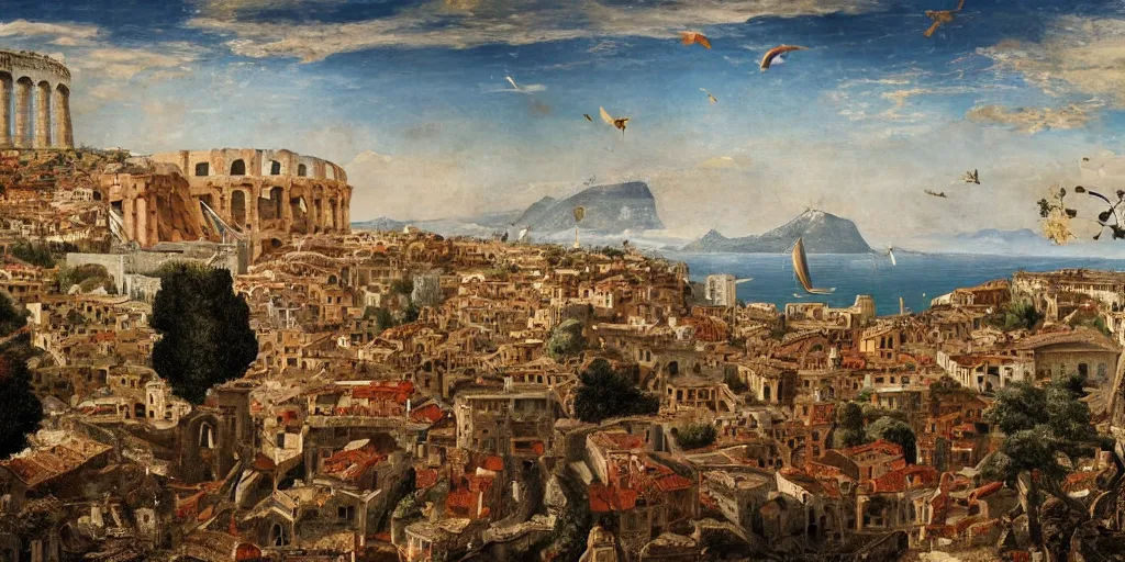 Prompt: rateo, colosseo, tilt shift, golfo di napoli, Pompeian, naval battle, italian masterpiece, wind, sky in background, wind rose, Ashford Black Marble, sculpture, baroque, draped with red Hibiscus and vines and spines, marble and hint gold, stars, puffy clouds, suns, moons, drapes, dead fruits, Obsidian, pomegranade, armour, medieval globe, glass, portrait, mage, centaur, siren, lion, chariot, rabbit, snails, render, artstation, ultra detailed