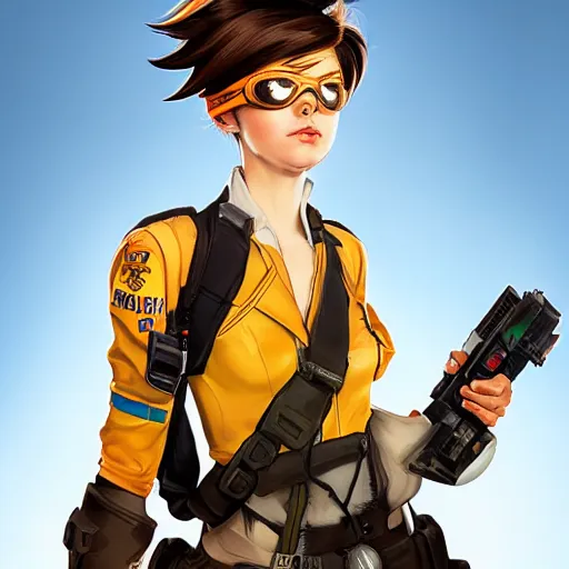 Prompt: Portrait of Tracer from Overwatch, by Norman Rockwell