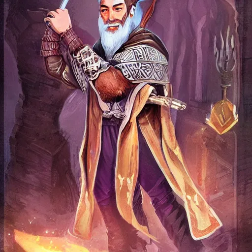 Image similar to Young bearded Tarski Fiume, half-elf Time Wizard, iconic character art by Wayne Reynolds for Paizo Pathfinder RPG