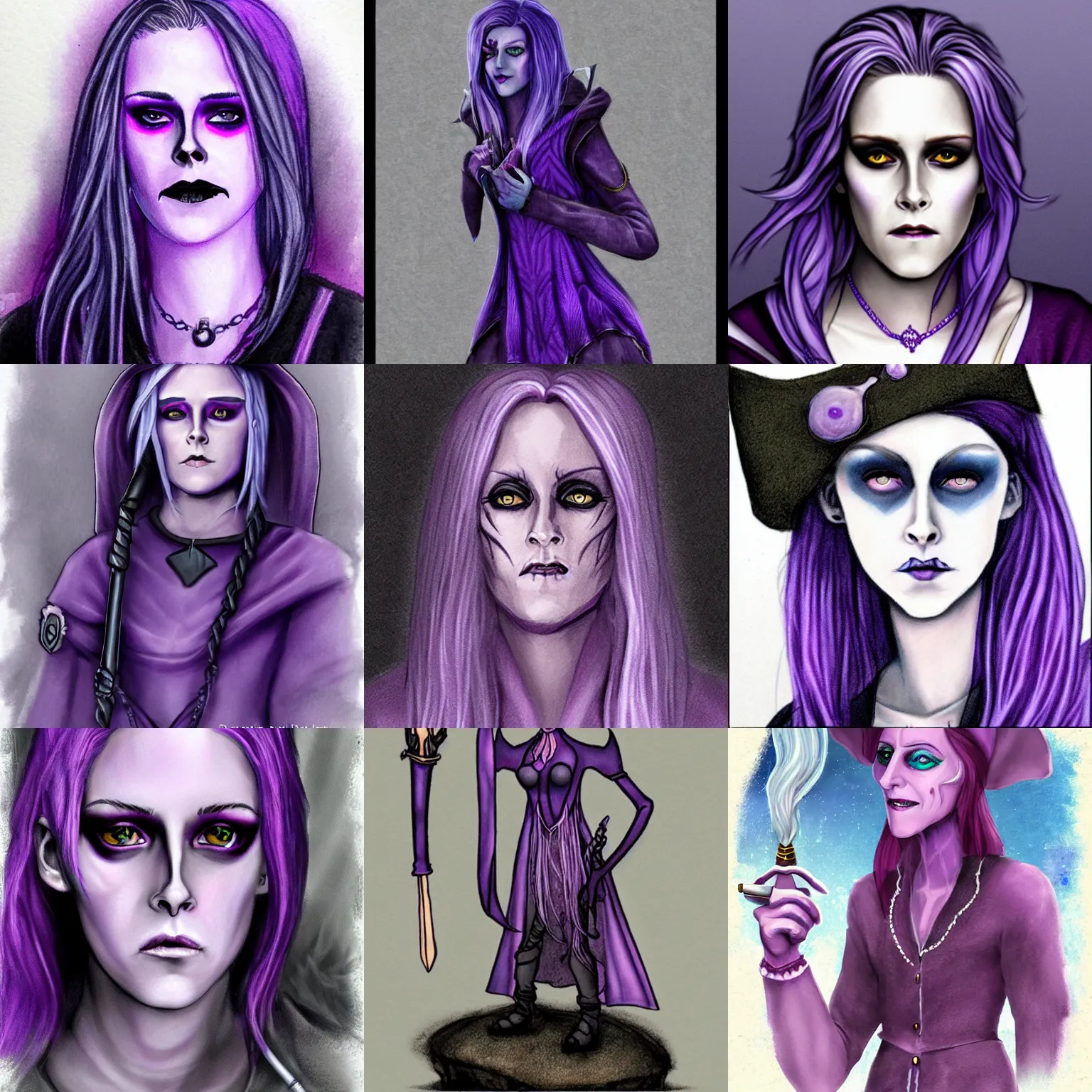 Prompt: violet skinned Kirsten Stewart as a violet-skinned drow wizard