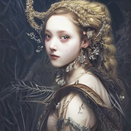 Image similar to A masterpiece ultrarealistic ultradetailed portrait of a Incredibly beautiful angel princess with Skull Iron mask. baroque renaissance girl in the night forest. medium shot, intricate, elegant, highly detailed. trending on artstation, digital art, by Stanley Artgerm Lau, WLOP, Rossdraws, James Jean, Andrei Riabovitchev, Marc Simonetti, Yoshitaka Amano. background by James Jean and Gustav Klimt, light by Julie Bell, 4k, porcelain skin.