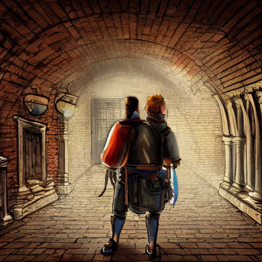 Image similar to adventurers caught in a trap, brick hallway, arched ceiling, chiaroscuro, full color, high detail, digital illustration