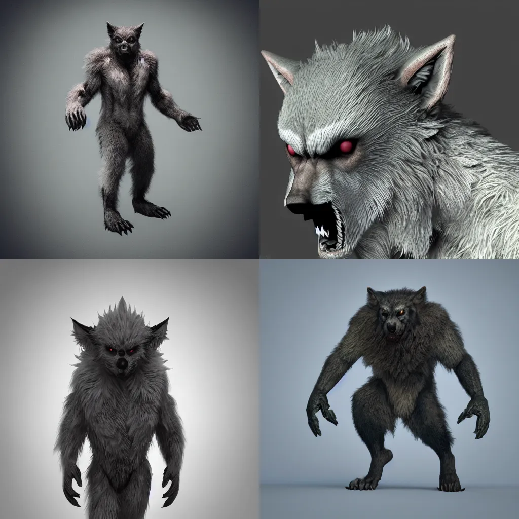 Prompt: 3d render of a wolfman beast creature, 3d render, octane, unreal engine, horror style