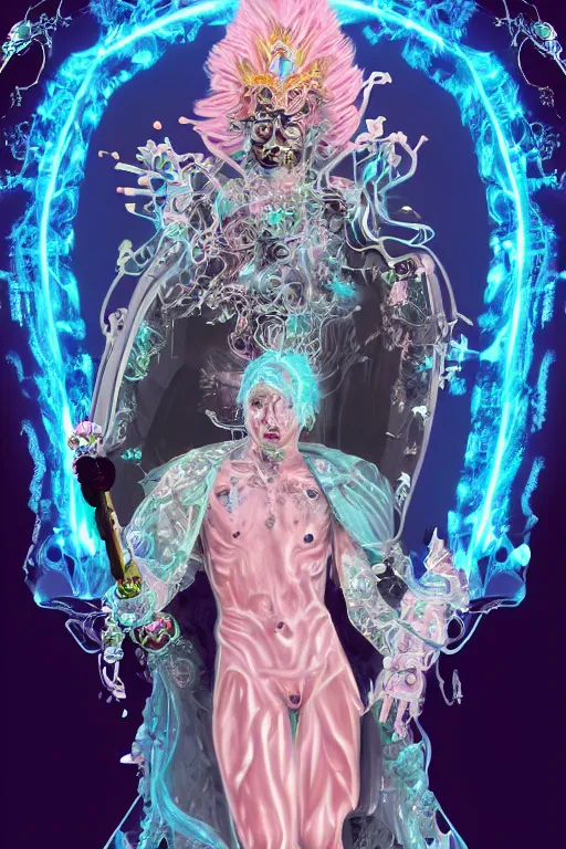 Image similar to photo of full-body rococo and cyberpunk delicate neon crystalline sculpture of ((handsome muscular albino prince Harry Styles)) as an onyx humanoid deity wearing ((peach plastic hooded cloak)) (holding an onyx skull) in a onyx aztec temple, reclining, glowing blue face, crown of (pink lasers), large blue diamonds, swirling black silk fabric. futuristic elements. oozing glowing liquid, full-length view. space robots. intricate artwork by caravaggio. Trending on artstation, octane render, cinematic lighting from the right, hyper realism, photorealistic, octane render, 8k, depth of field, 3D